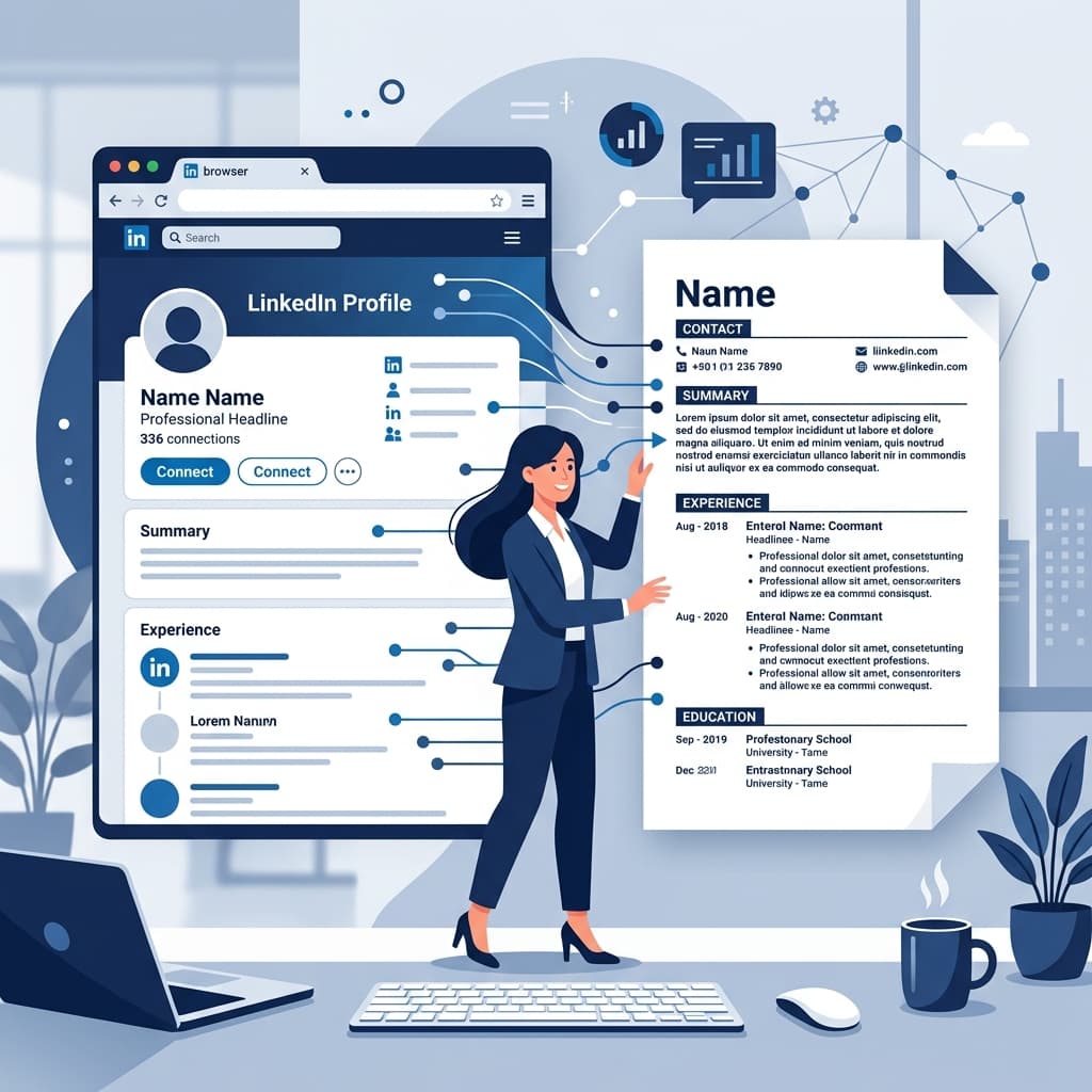 Web browser with a LinkedIn profile connecting to a paper resume