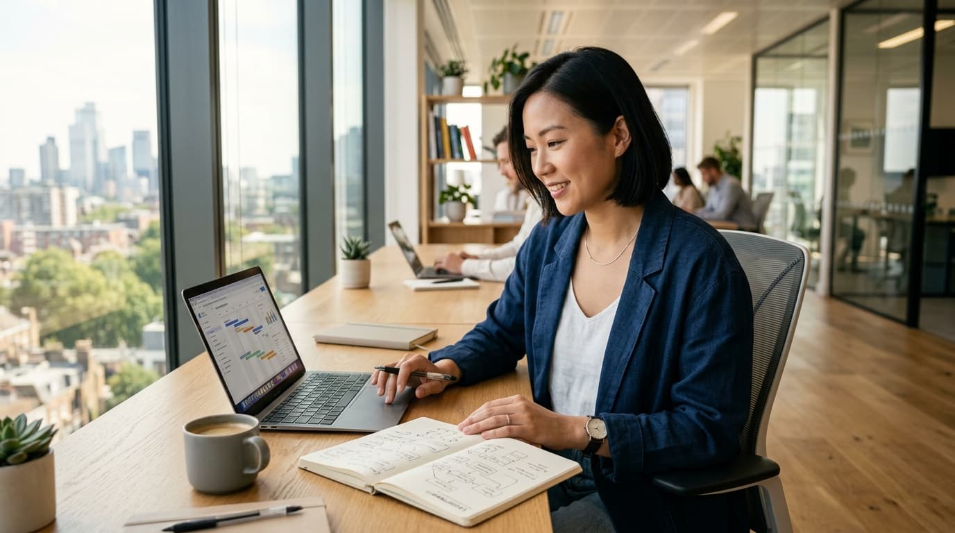 Professional Product Manager in modern sunlit tech office working on laptop with roadmap notes