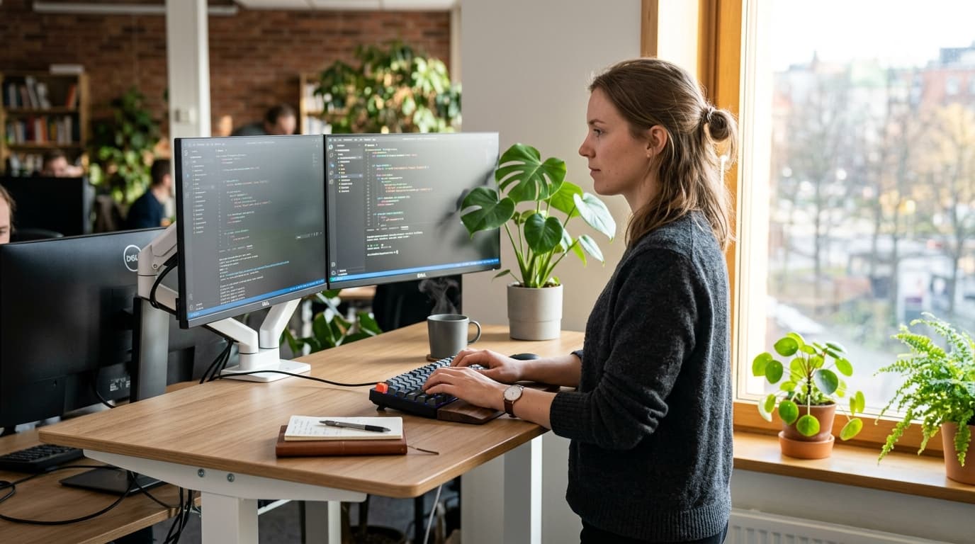 A modern software engineer workspace displaying code, neural network diagrams, and language model evaluation pipelines on multiple monitors